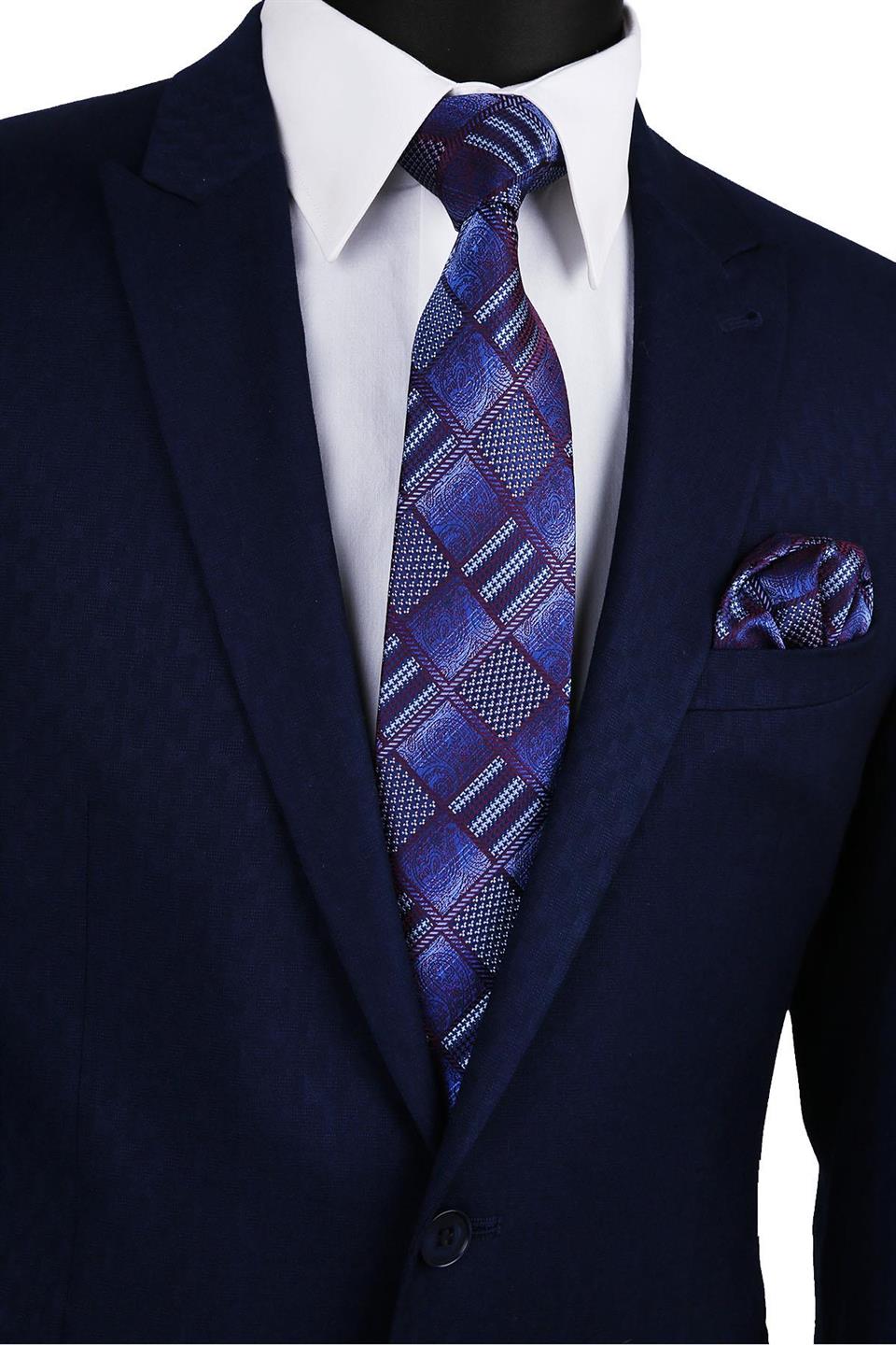 Mürdüm - Mavi Motif Desen Mendilli Klasik Kravat KK9792