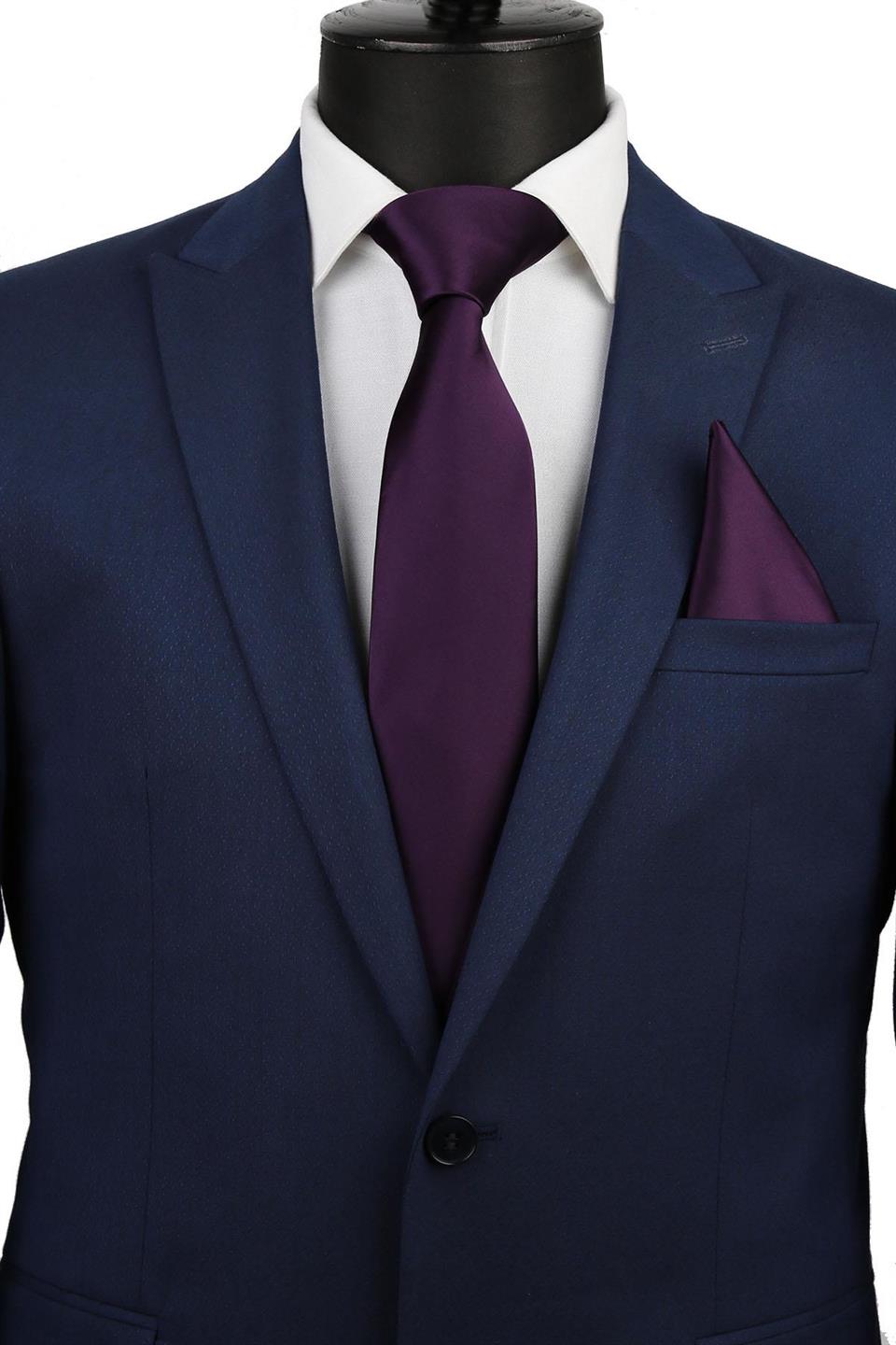 Mürdüm Mendilli Düz Saten Kravat 1118