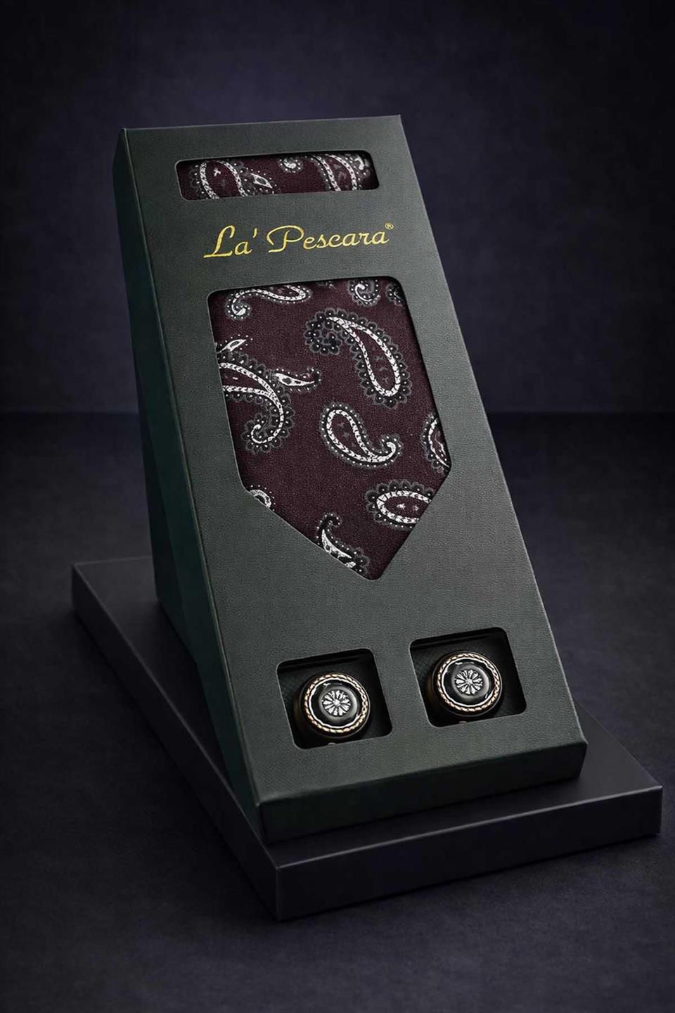 Mürdüm Mendilli Klasik Kravat Kol Düğmesi Erkek Hediye Seti OS628