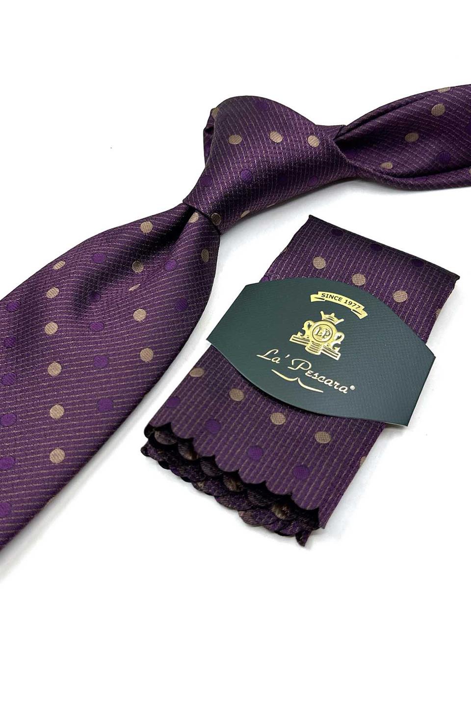 Mürdüm Puantiye Desen Mendilli Klasik Kravat KK13474