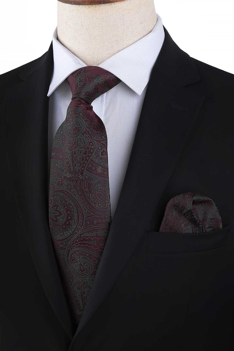 Mürdüm Şal Desen Mendilli Klasik Kravat KK13127