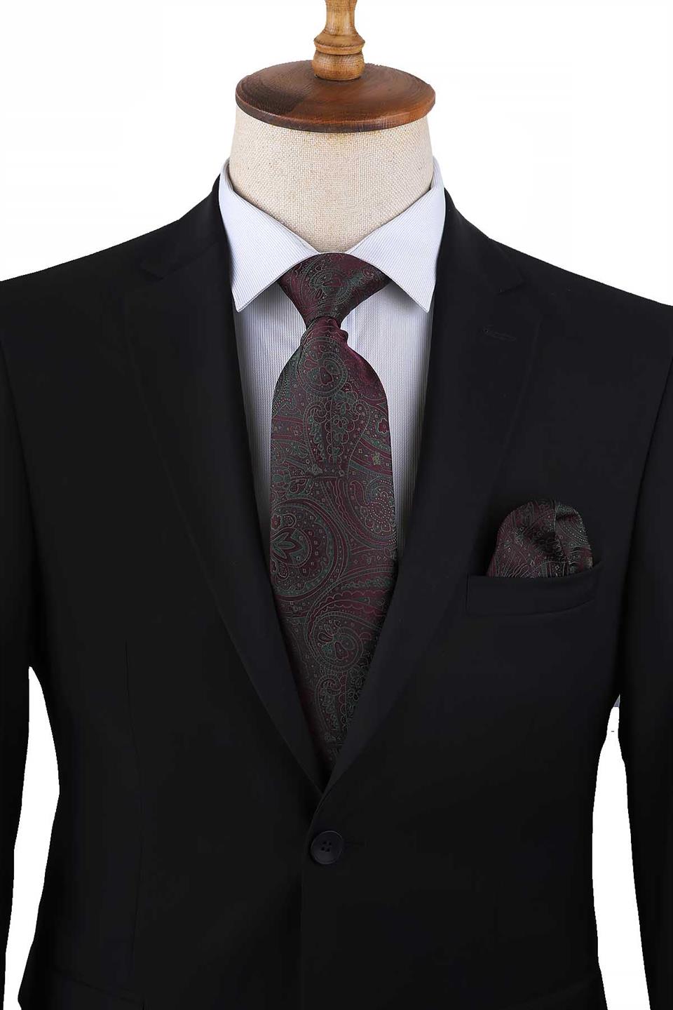 Mürdüm Şal Desen Mendilli Klasik Kravat KK13127