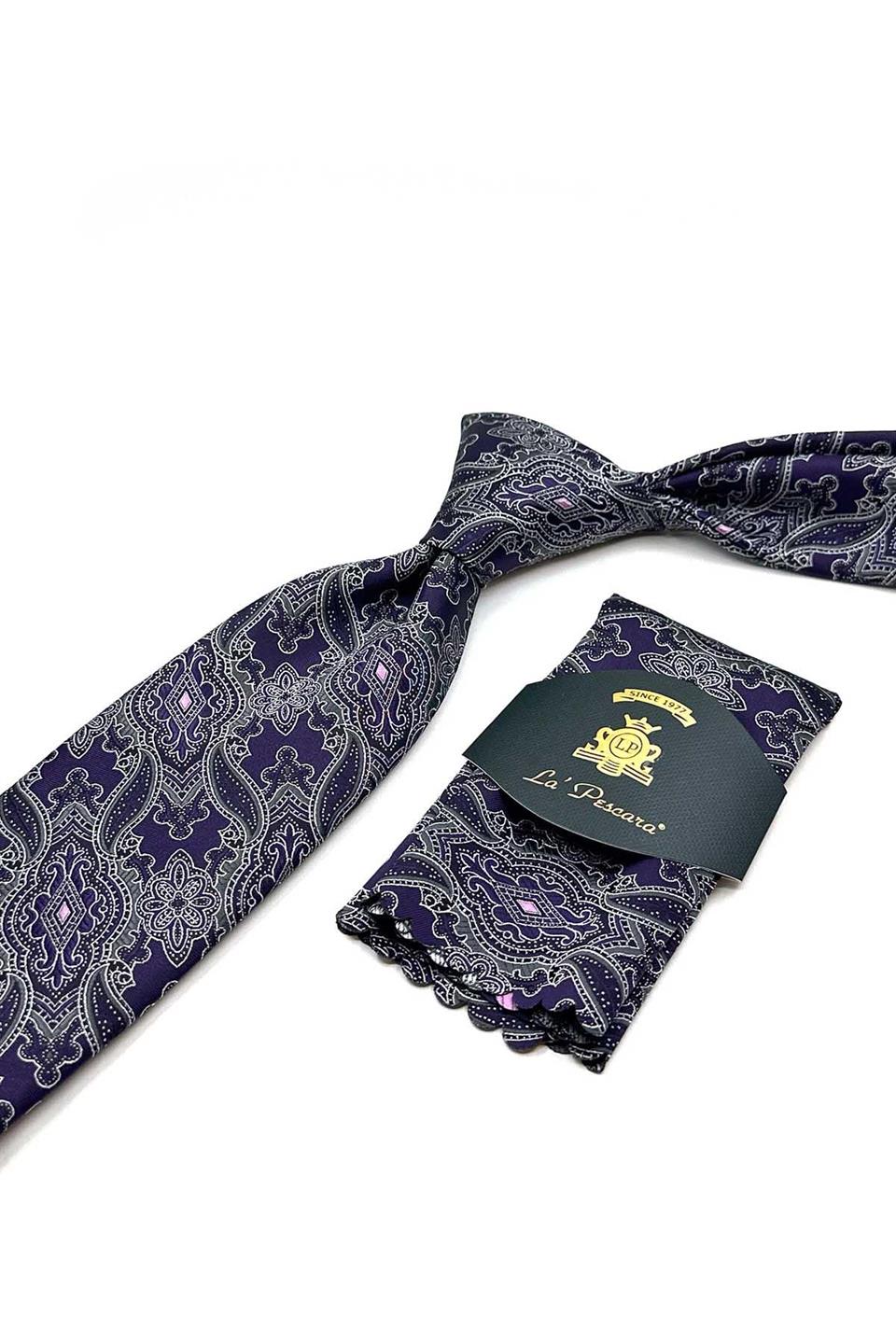Mürdüm Şal Desen Mendilli Klasik Kravat KK12865