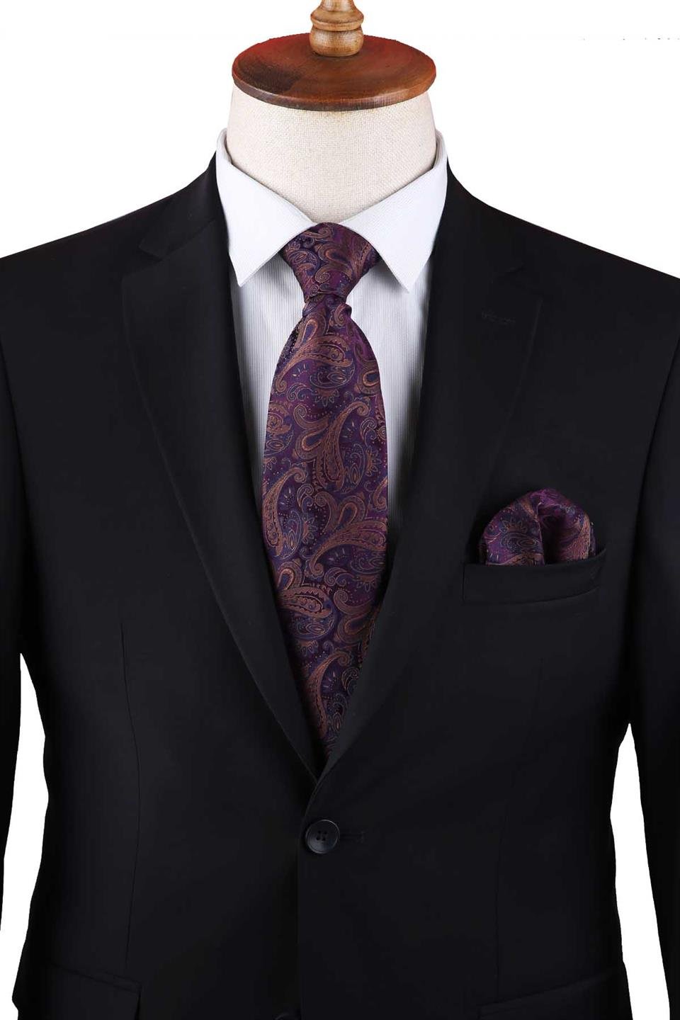 Mürdüm Şal Desen Mendilli Klasik Kravat KK13127