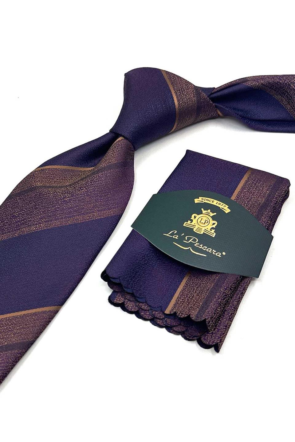 Mürdüm - Sarı Çizgi Desen Mendilli Klasik Kravat KK13671