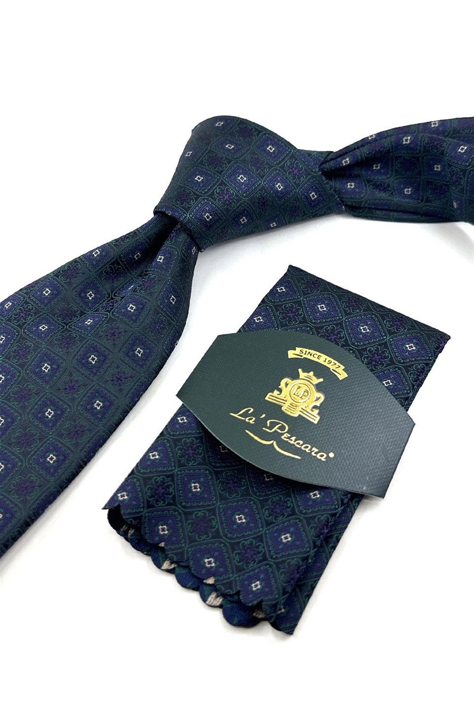 Mürdüm Yeşil Motif Desen Mendilli Klasik Kravat KK13897