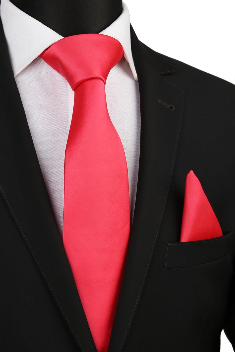 Nar Çiçeği Mendilli Düz Saten Kravat KK1136