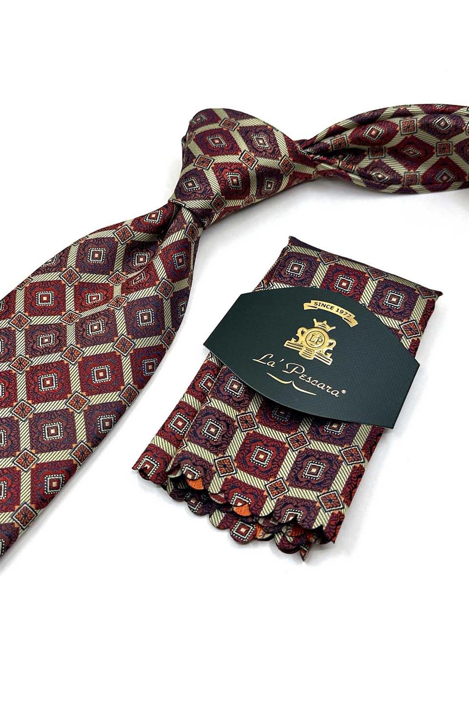 Nefti - Kahve Motif Desen Mendilli Klasik Kravat KK13431