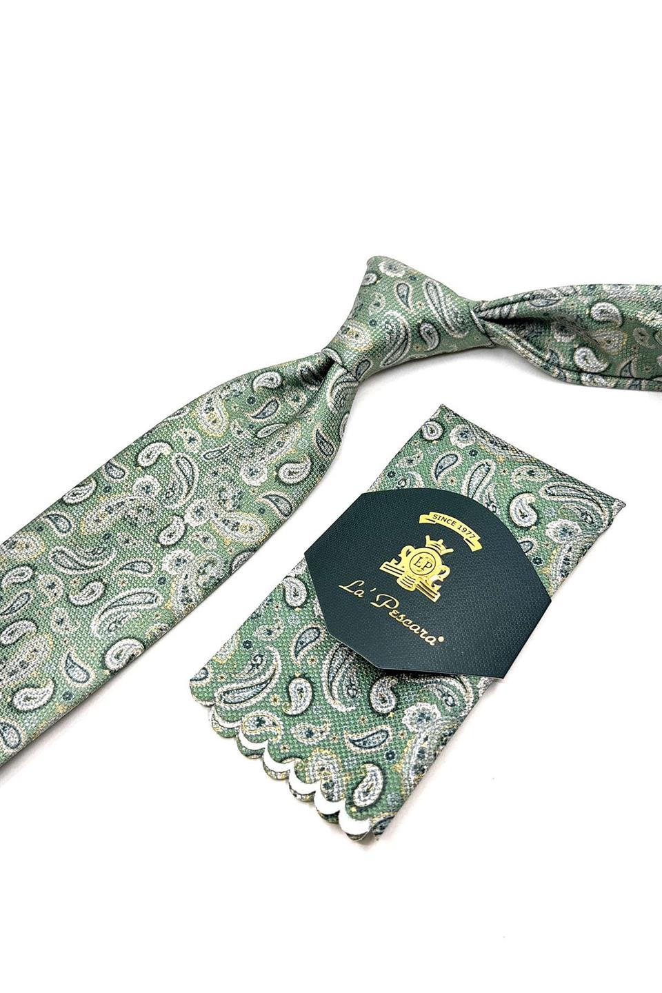 Nefti Yeşil Şal Desen Mendilli Klasik Kravat KK11771