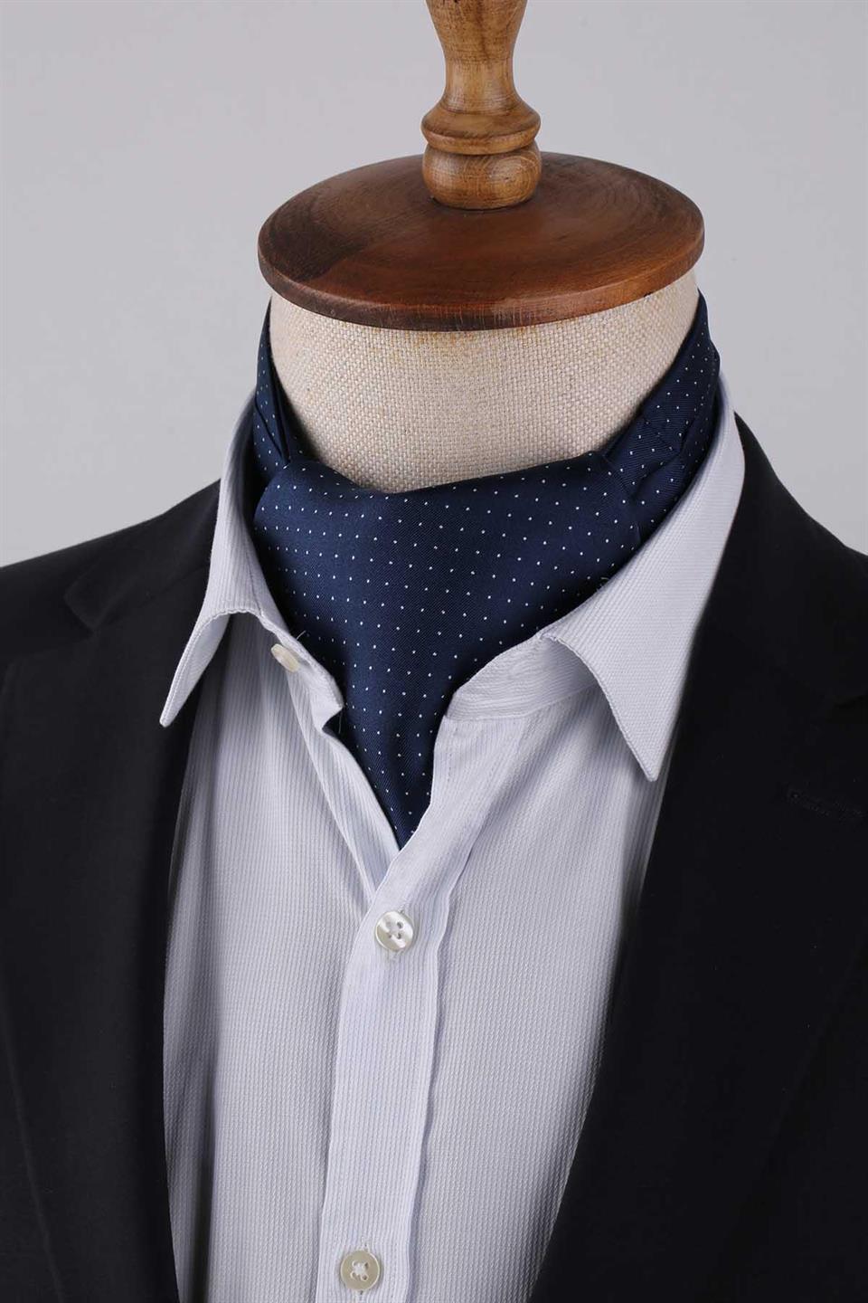 Nokta Desen Lacivert İtalyan İpek Ascot Kravat SAC32