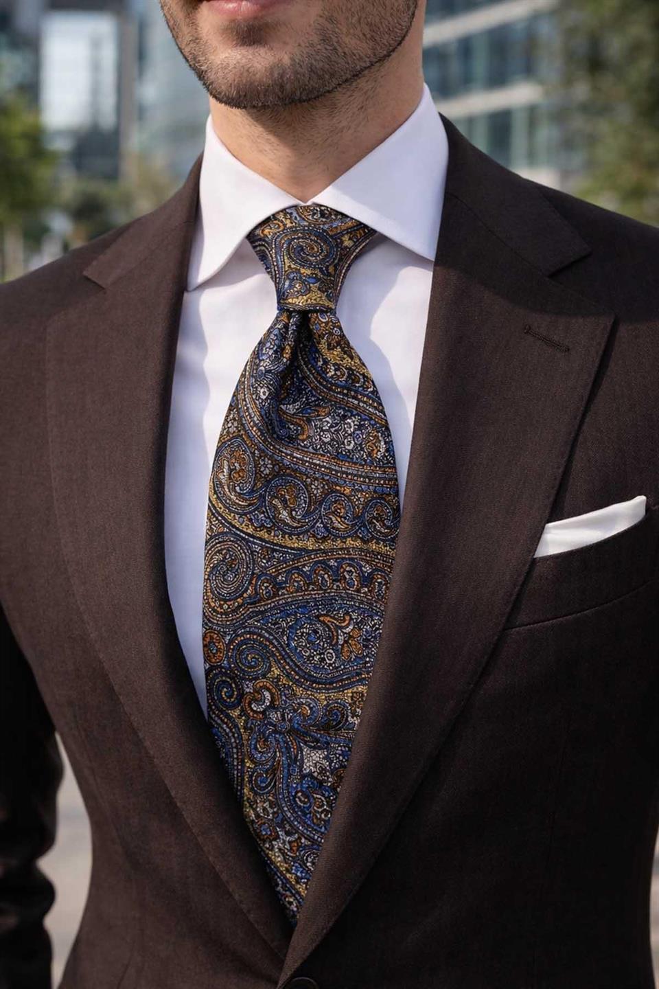 Olivevive Style Şal Desen İtalyan Sarı İpek Kravat İK2358