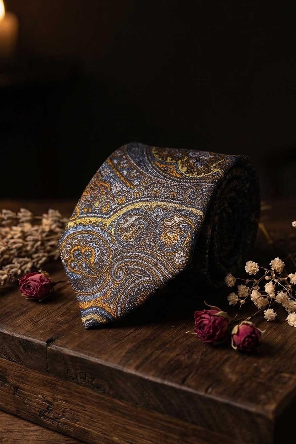 Olivevive Style Şal Desen İtalyan Sarı İpek Kravat İK2358