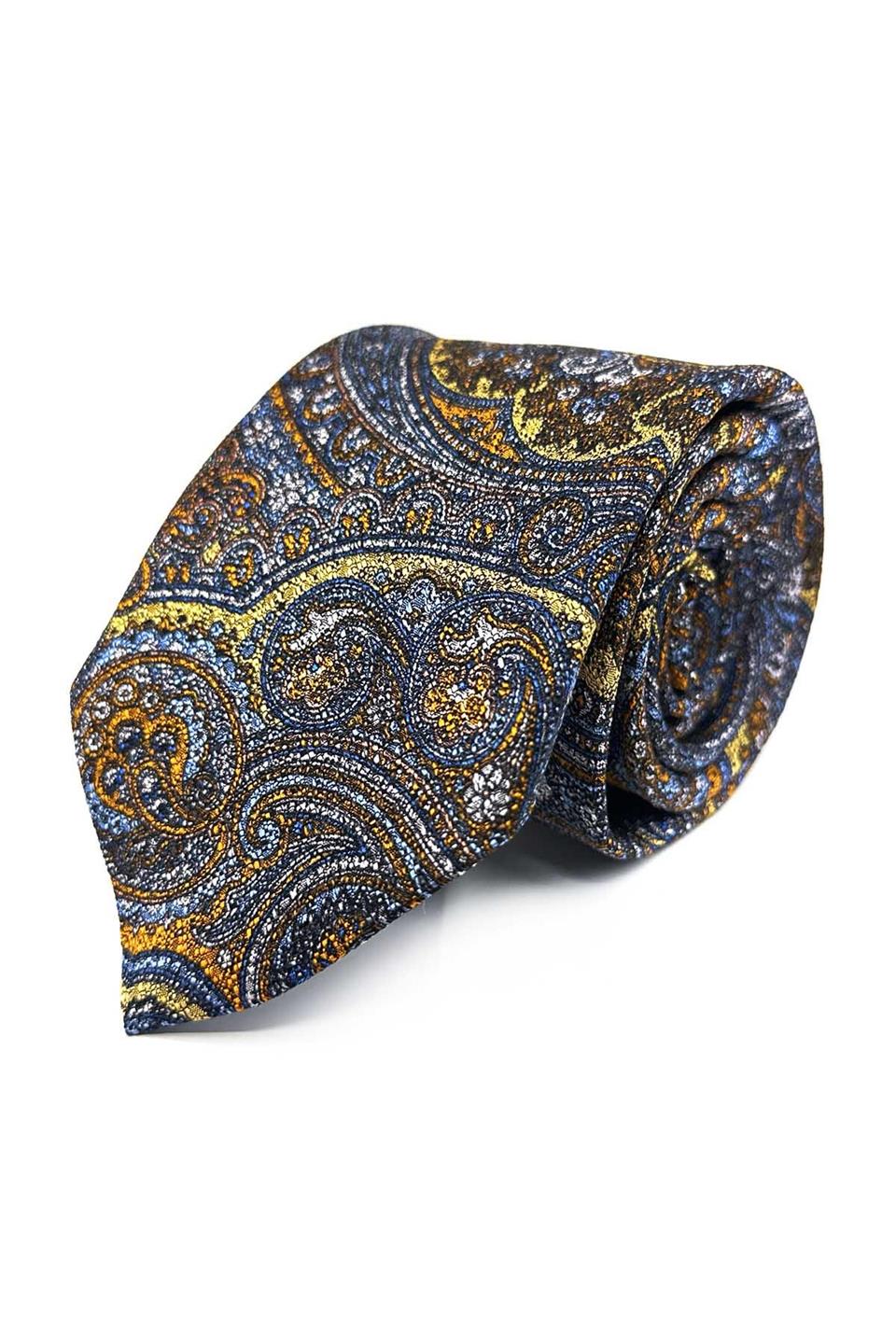 Olivevive Style Şal Desen İtalyan Sarı İpek Kravat İK2358