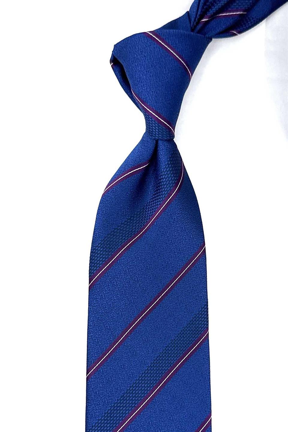 Parlement Mavi Çizgi Desen Mendilli Klasik Kravat KK12722