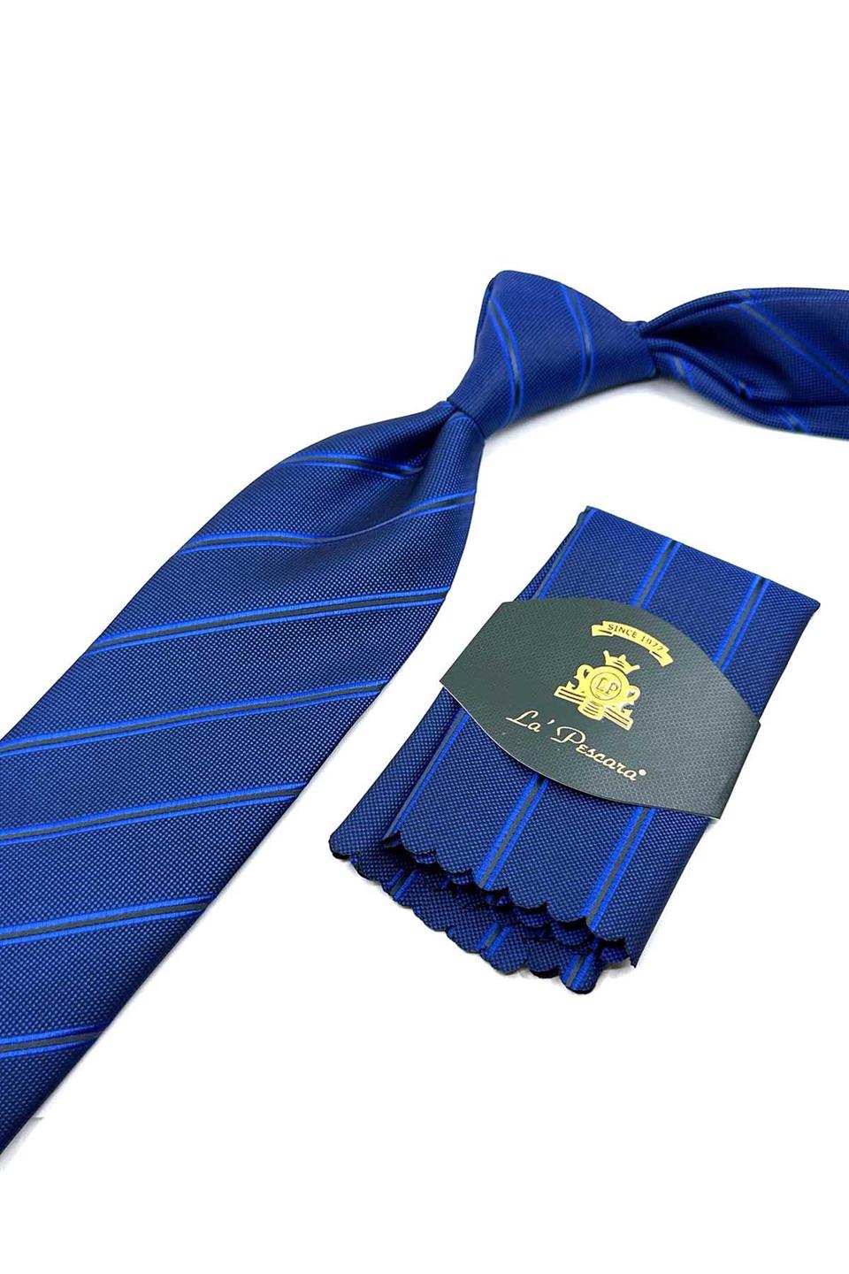 Parlement Mavi Çizgi Desen Mendilli Klasik Kravat KK12530