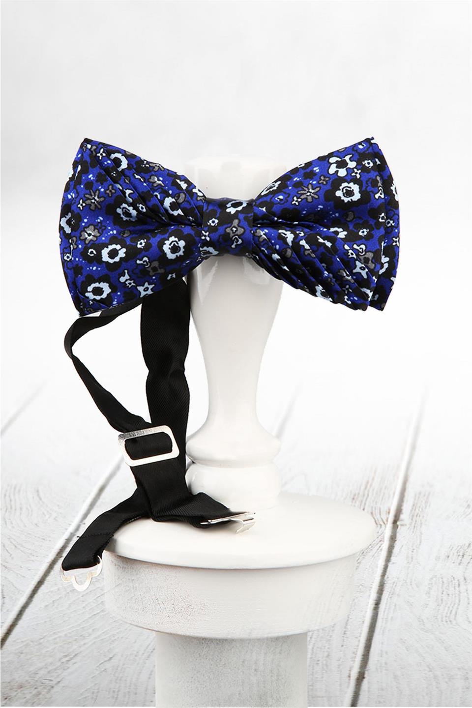 Parlement Mavisi Çiçek Desen Pilise İpek Papyon ESB07