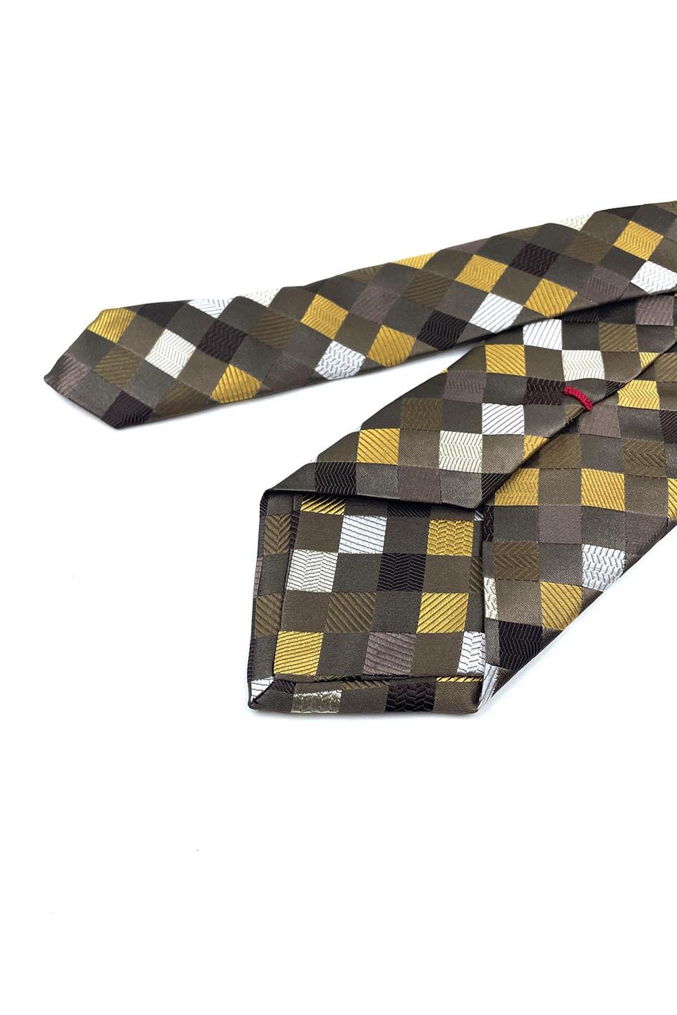 Pavanetto Style Kahverengi Kare Desen İtalyan İpek Kravat İK1357