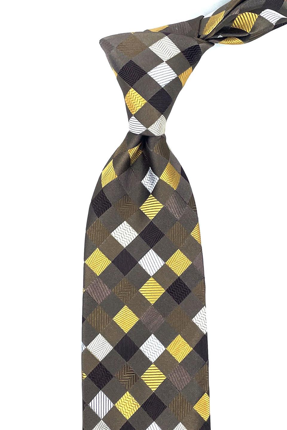 Pavanetto Style Kahverengi Kare Desen İtalyan İpek Kravat İK1357