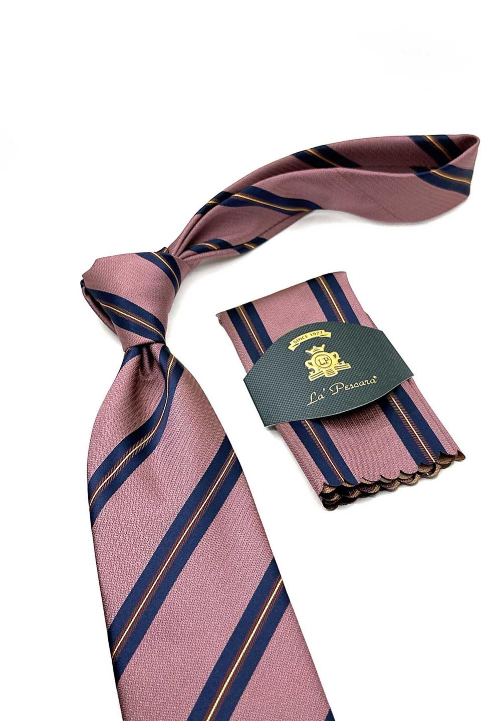 Pembe Çizgi Desen Mendilli Klasik Kravat KK12825