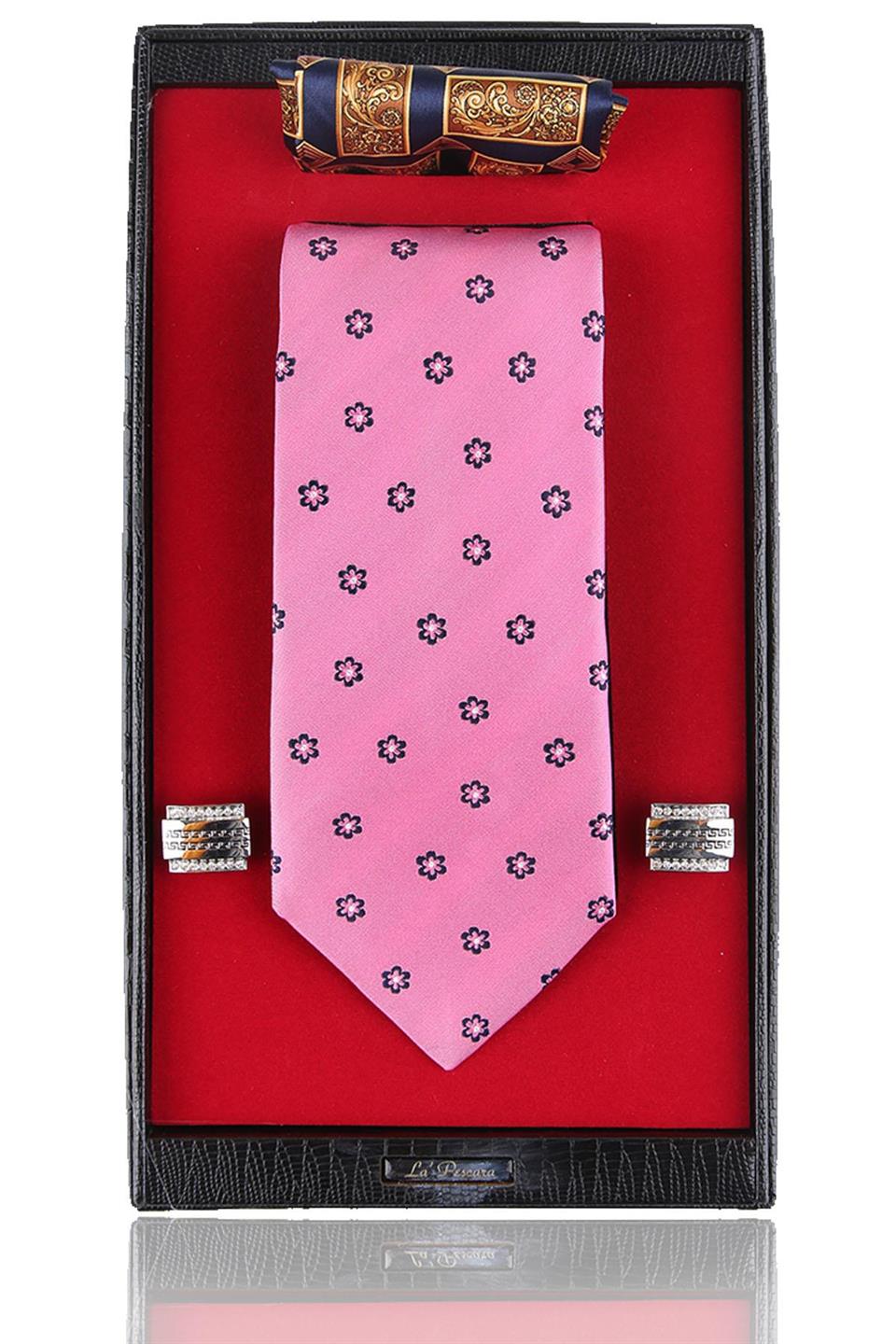 Pembe İtalyan İpek Kravat Mendil Kol Düğmesi Sevgililer Günü Hediyesi SKS62