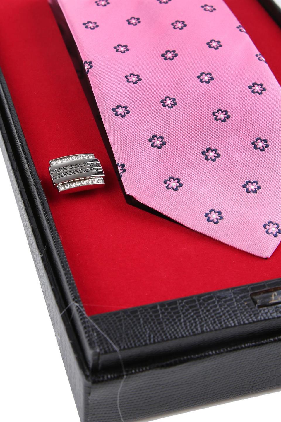 Pembe İtalyan İpek Kravat Mendil Kol Düğmesi Sevgililer Günü Hediyesi SKS62