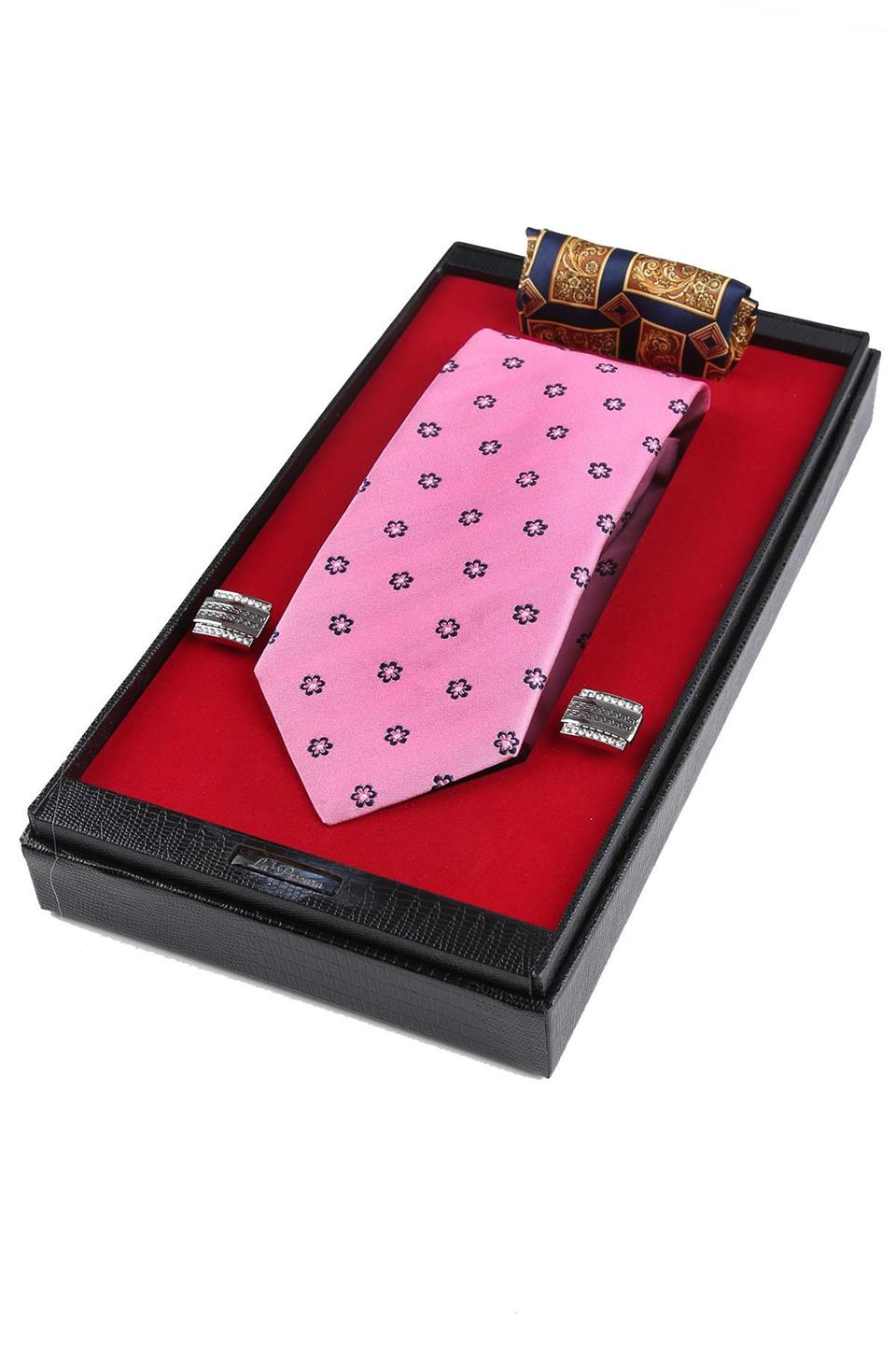 Pembe İtalyan İpek Kravat Mendil Kol Düğmesi Sevgililer Günü Hediyesi SKS62