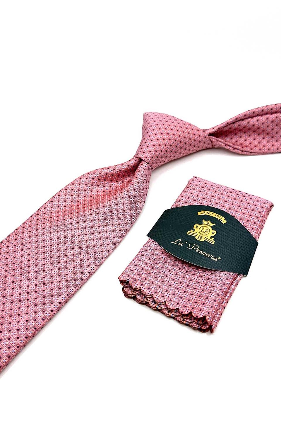 Pembe Nokta Desen Mendilli Klasik Kravat KK12899