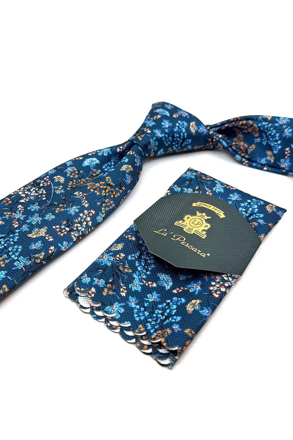 Petrol - Mavi Çiçek Desen Mendilli Klasik Kravat KK11784