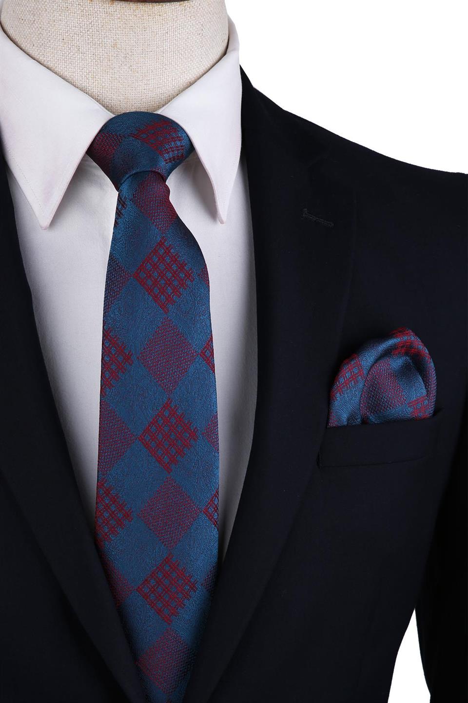 Petrol Renk Ekose Desen Mendilli Klasik Kravat KK10449