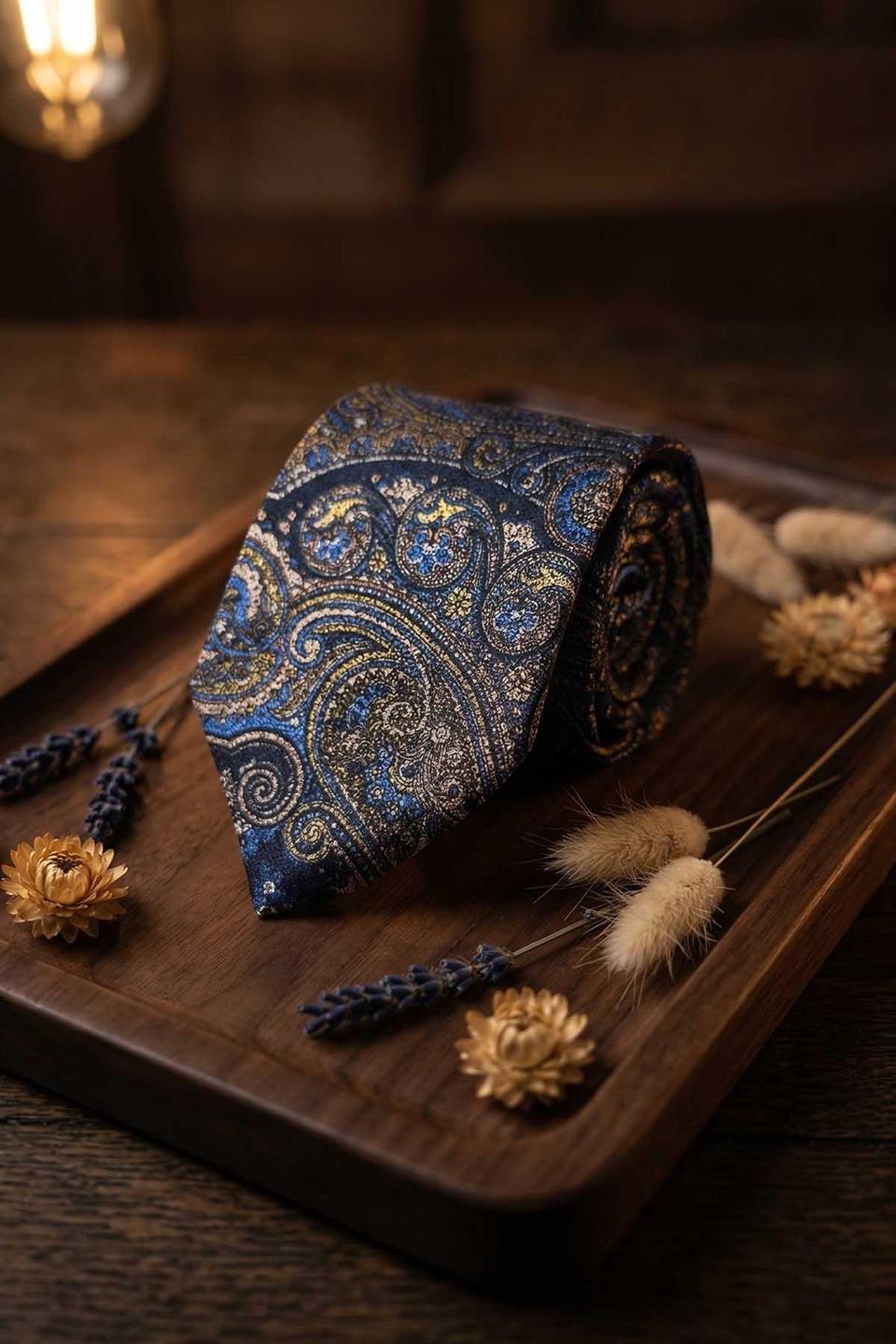 Prodotti Style Şal Desen İtalyan Mavi İpek Kravat İK2359
