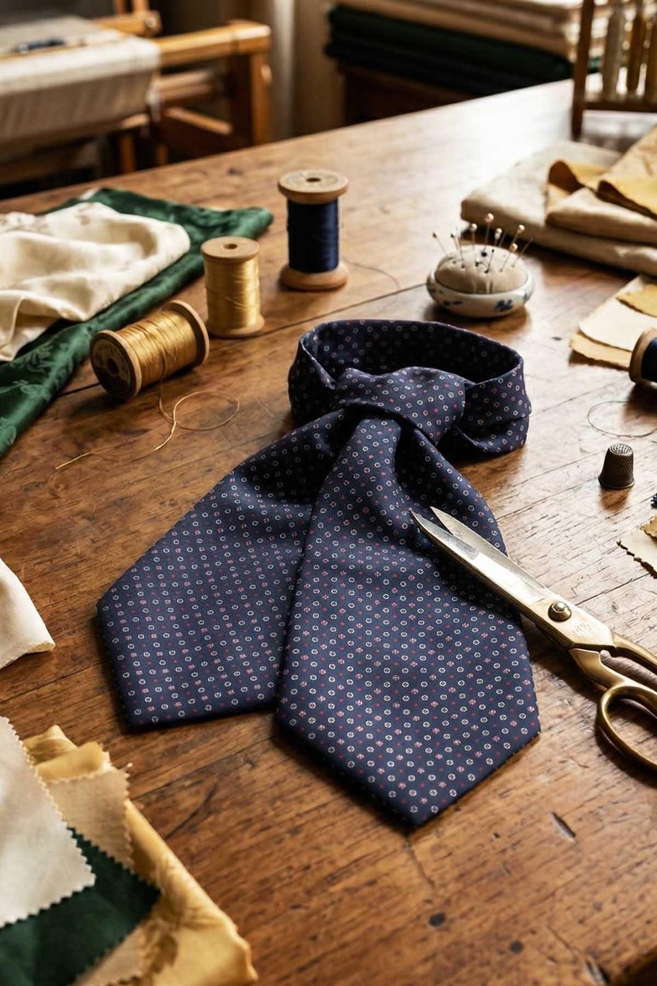 Puantiye Desen Lacivert İtalyan İpek Ascot Kravat SAC23