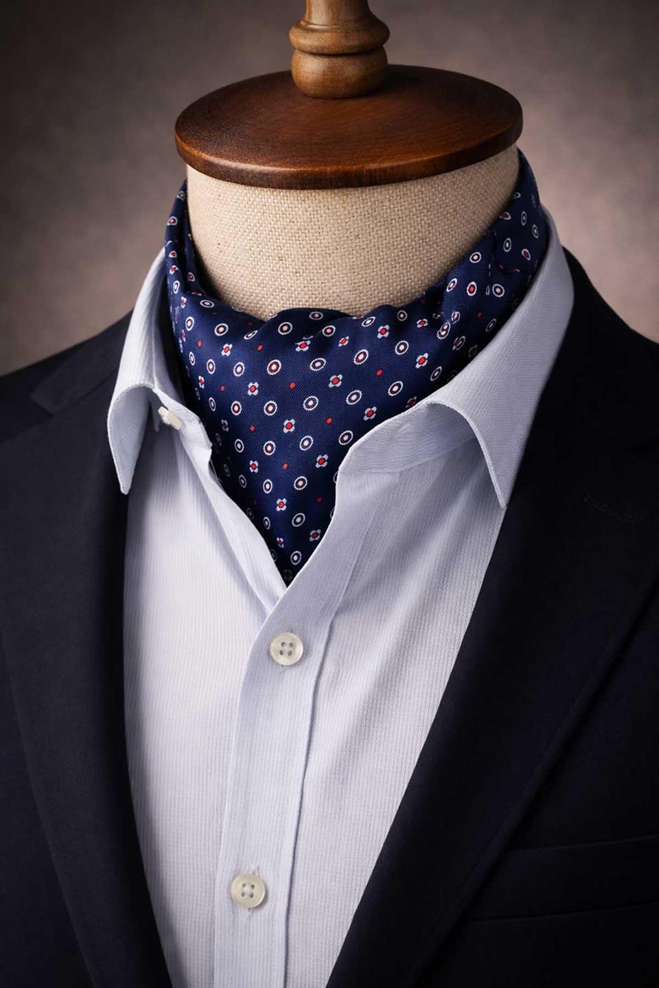 Puantiye Desen Lacivert İtalyan İpek Ascot Kravat SAC23