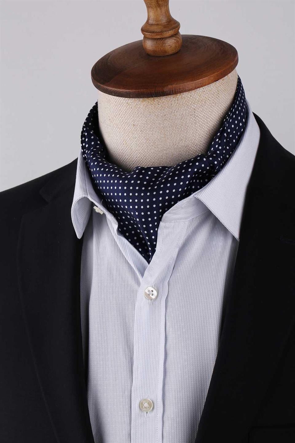Puantiye Desen Lacivert İtalyan İpek Ascot Kravat SAC14