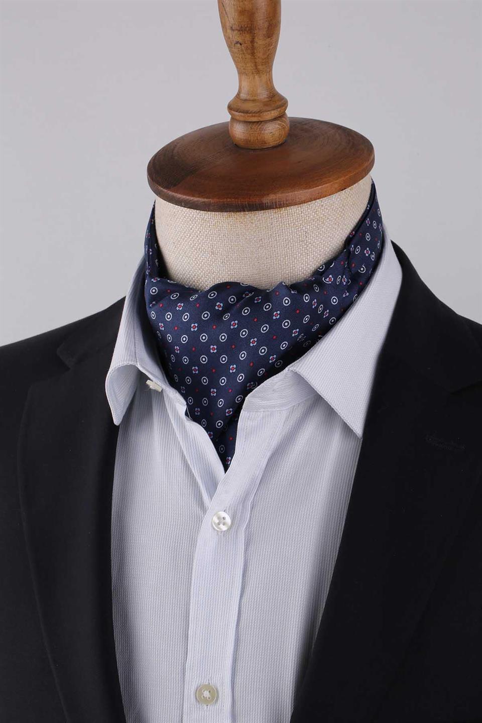 Puantiye Desen Lacivert İtalyan İpek Ascot Kravat SAC23