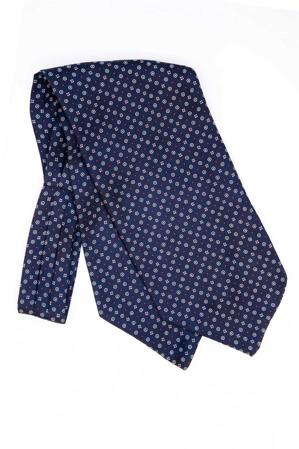 Puantiye Desen Lacivert İtalyan İpek Ascot Kravat SAC23
