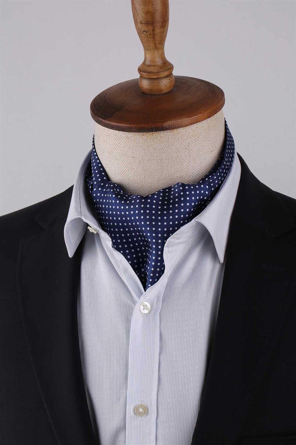 Puantiye Desen Lacivert İtalyan İpek Ascot Kravat SAC21