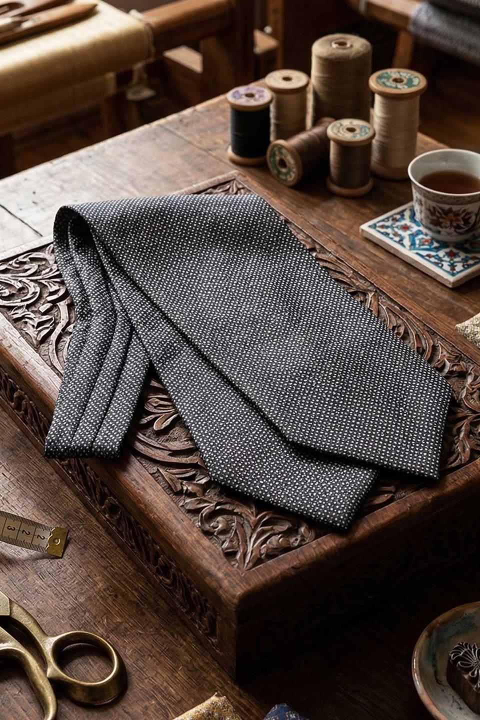 Puantiye Desen Siyah İtalyan İpek Ascot Kravat SAC11