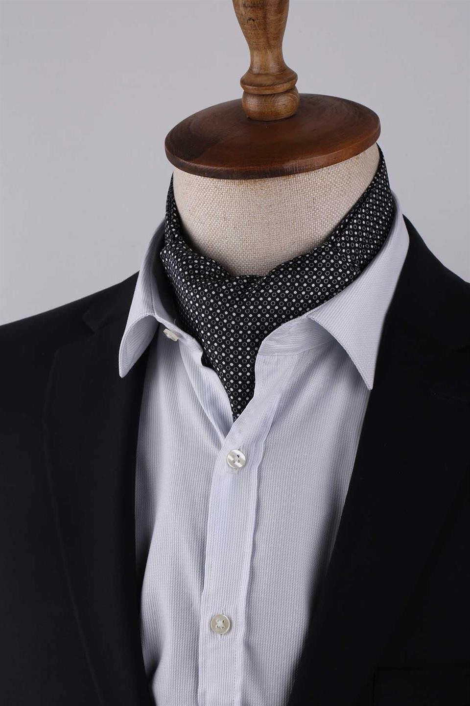 Puantiye Desen Siyah İtalyan İpek Ascot Kravat SAC11