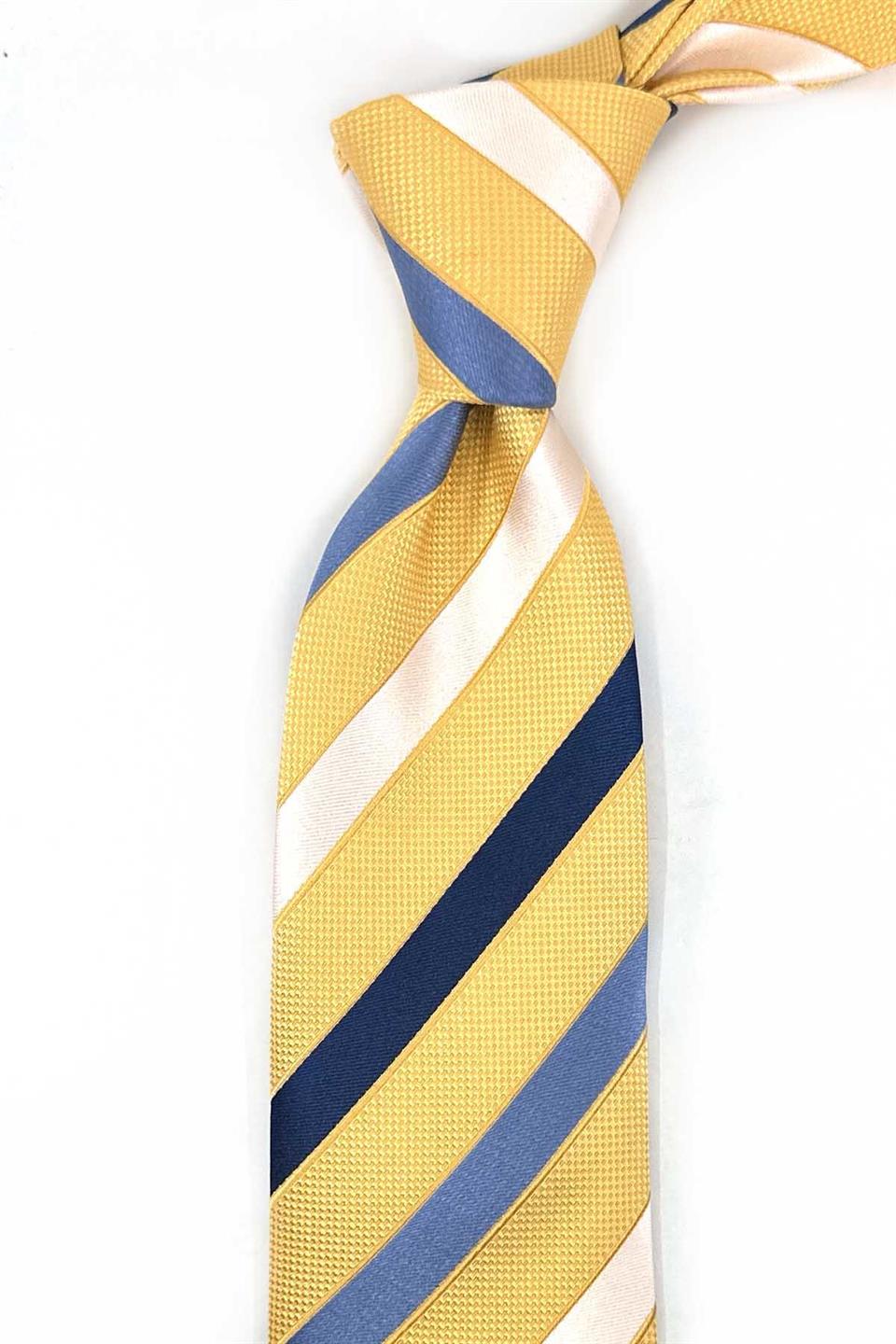 Pulham Style Sarı Çizgi Desen İtalyan İpek Kravat İK2011