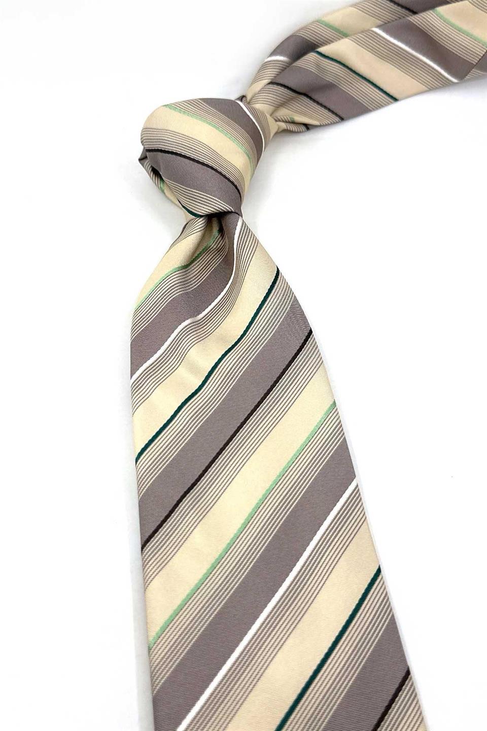 Pullerick Style Bej Çizgi Desen İtalyan İpek Kravat İK1946