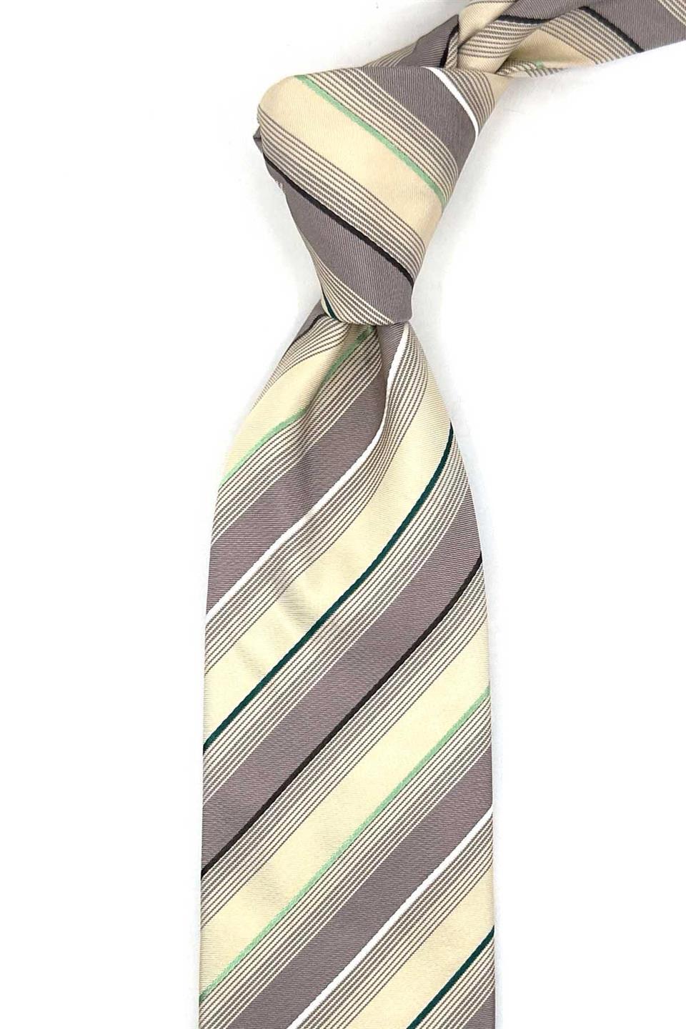 Pullerick Style Bej Çizgi Desen İtalyan İpek Kravat İK1946