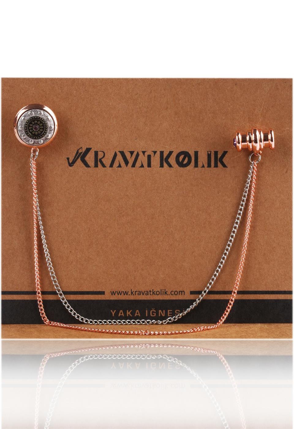 Rose - Gümüş Renk Pembe Taşlı Zincirli Yaka İğnesi YI209