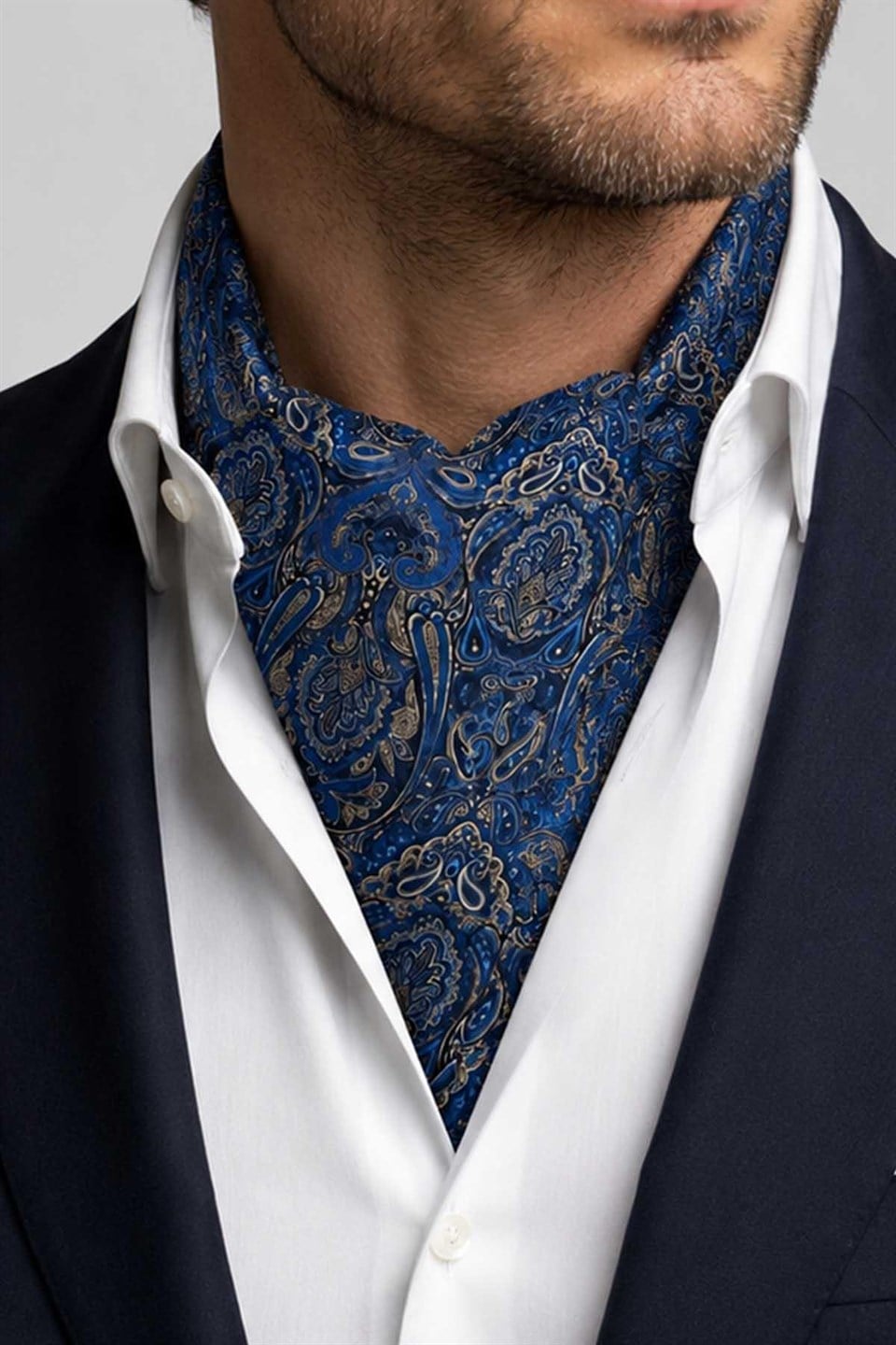 Royal Mavi Şal Desen İtalyan İpek Ascot Kravat SAC143