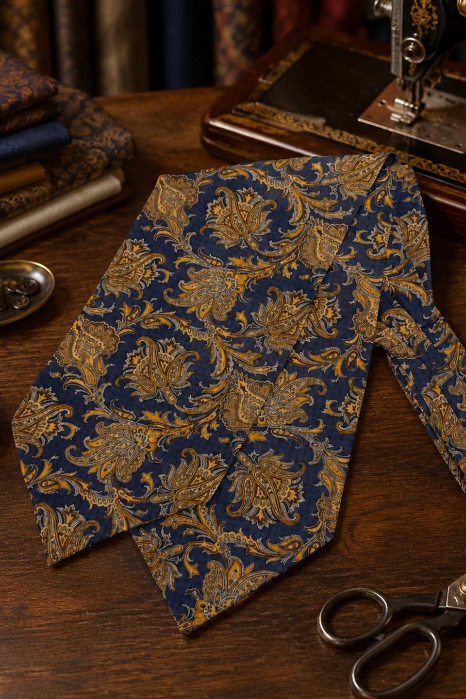 Safran Lacivert Şal Desen İtalyan İpek Ascot Kravat SAC137