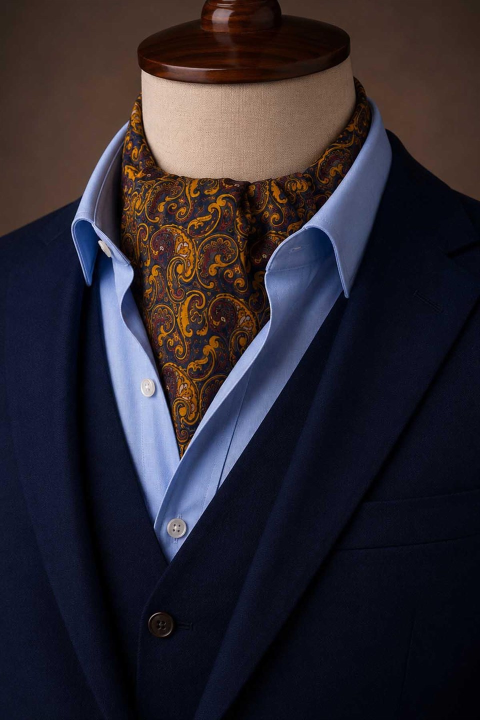 Safran Lacivert Şal Desen İtalyan İpek Ascot Kravat SAC75