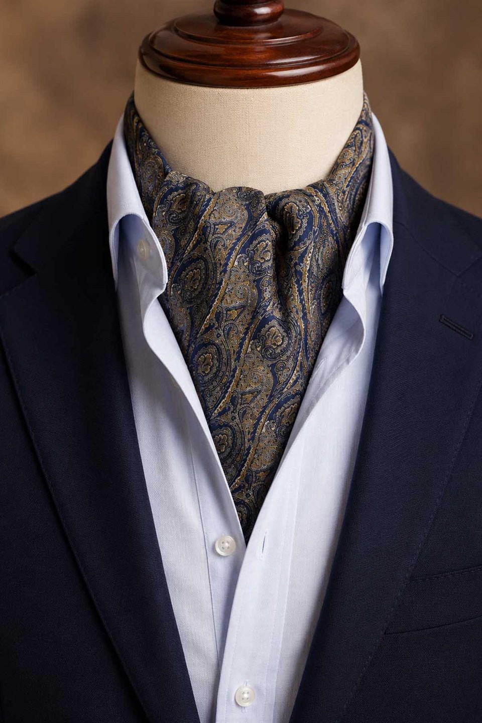 Safran Lacivert Şal Desen İtalyan İpek Ascot Kravat SAC113