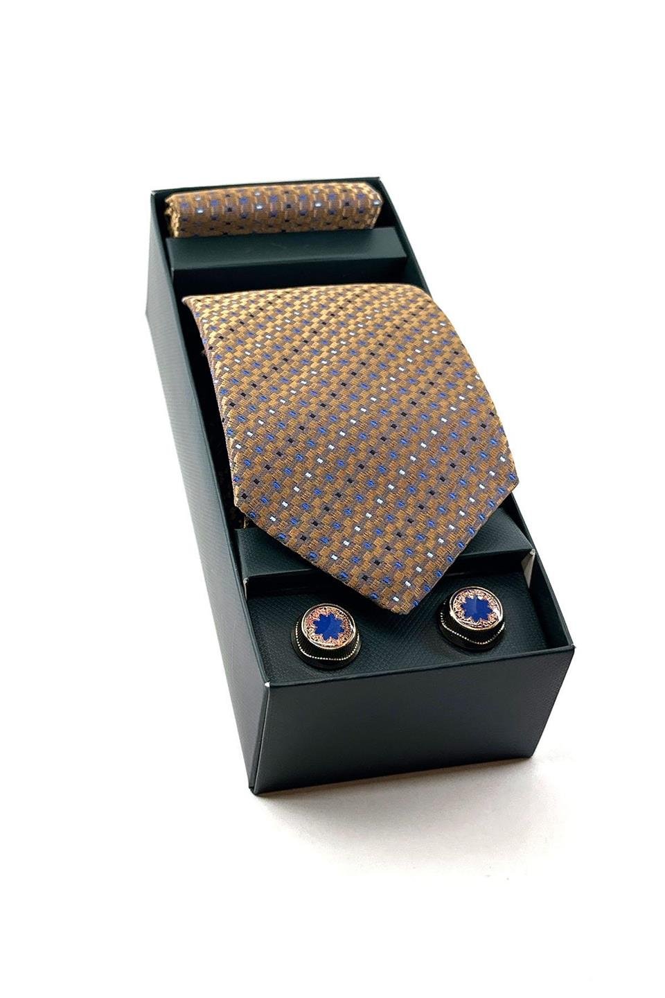 Safran Mendilli Kravat Mavi Kol Düğmesi Hediye Seti OS502