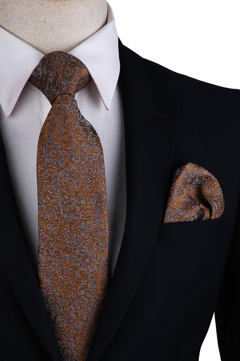 Safran Şal Desen Mendilli Klasik Kravat KK10437