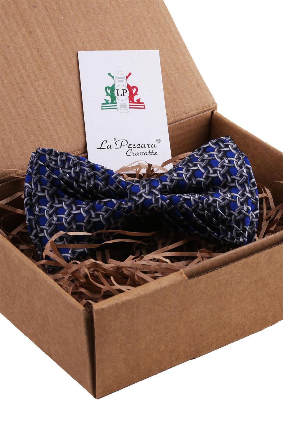 Saks Mavisi Motif Desen Pilise İpek Papyon ESB10