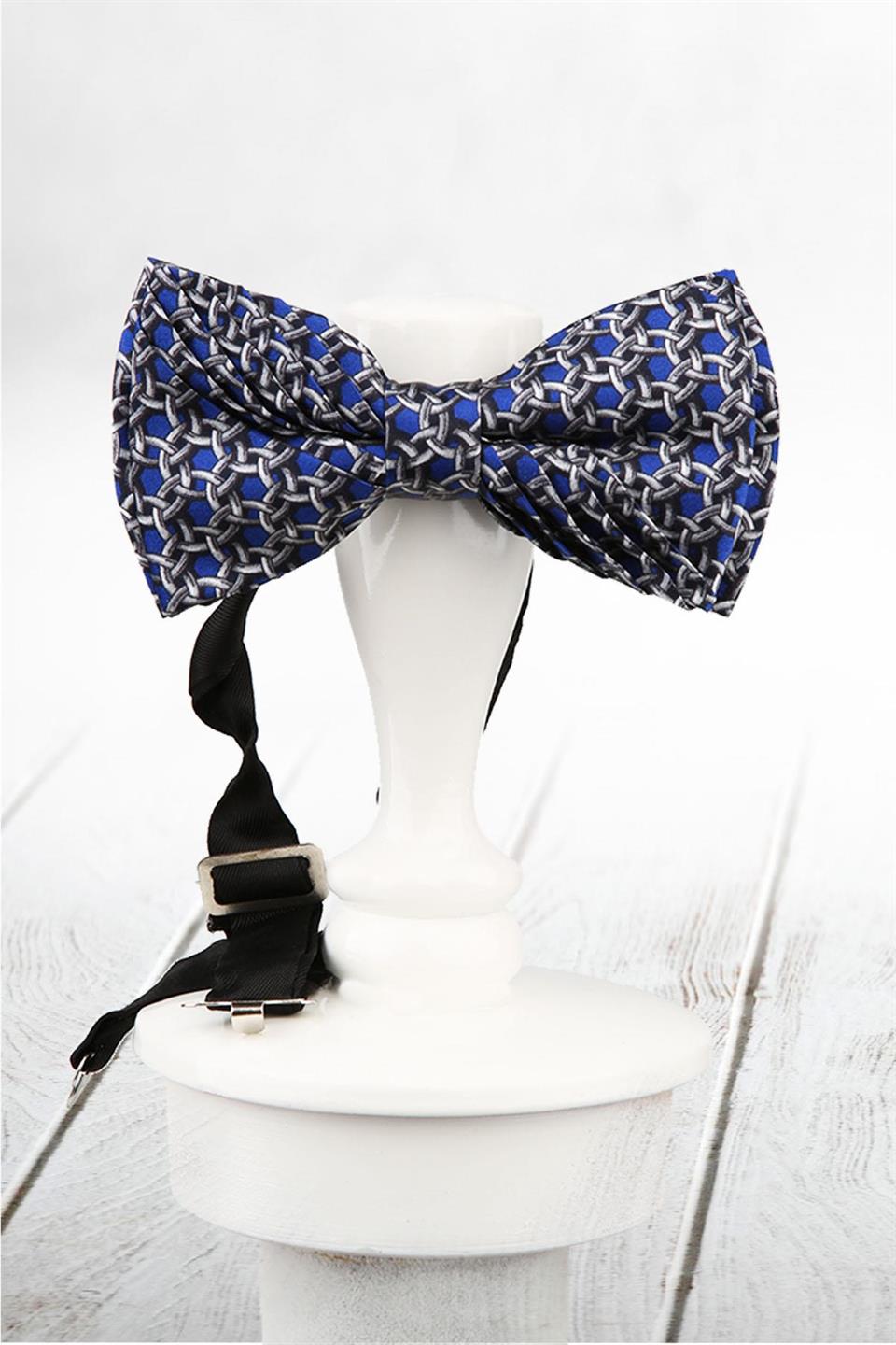 Saks Mavisi Motif Desen Pilise İpek Papyon ESB10